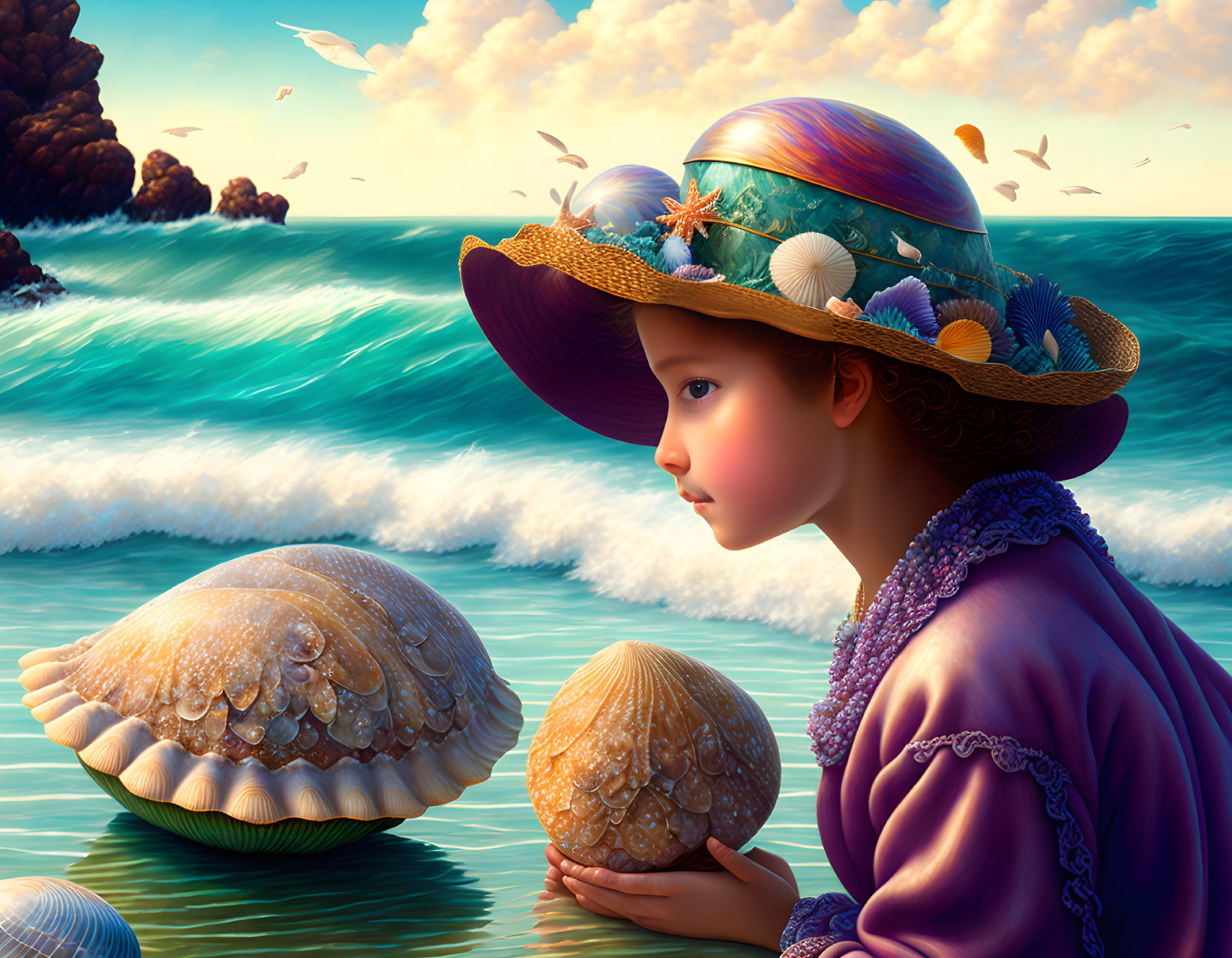 Young girl in vintage outfit examines large pearl in seashell by seascape