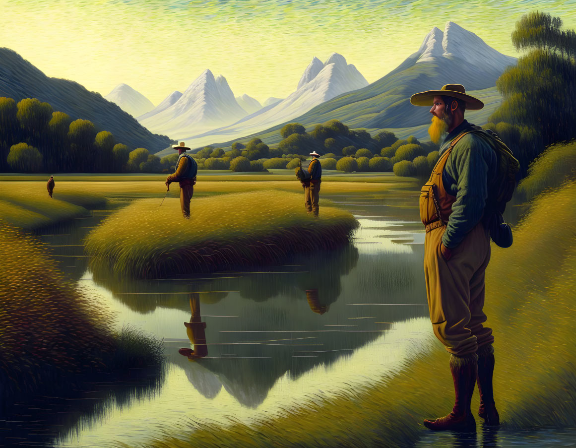 Scenic image of three fishermen by calm river, mountains, and trees reflected in water.