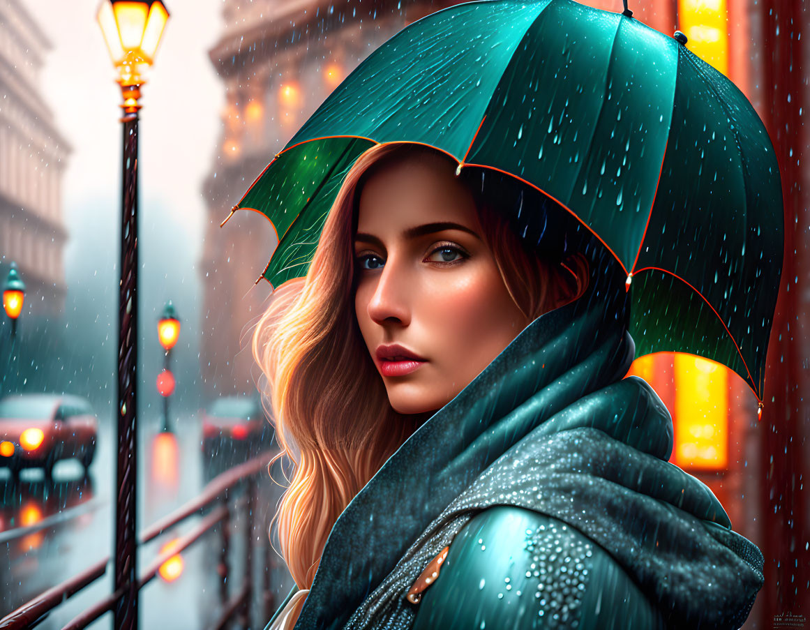 Woman under green umbrella on rainy city street with glowing lamps