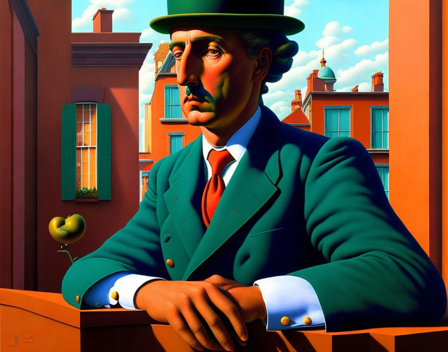 Man in Green Bowler Hat with Piercing Gaze and Red Tie Against Surreal Geometric Background