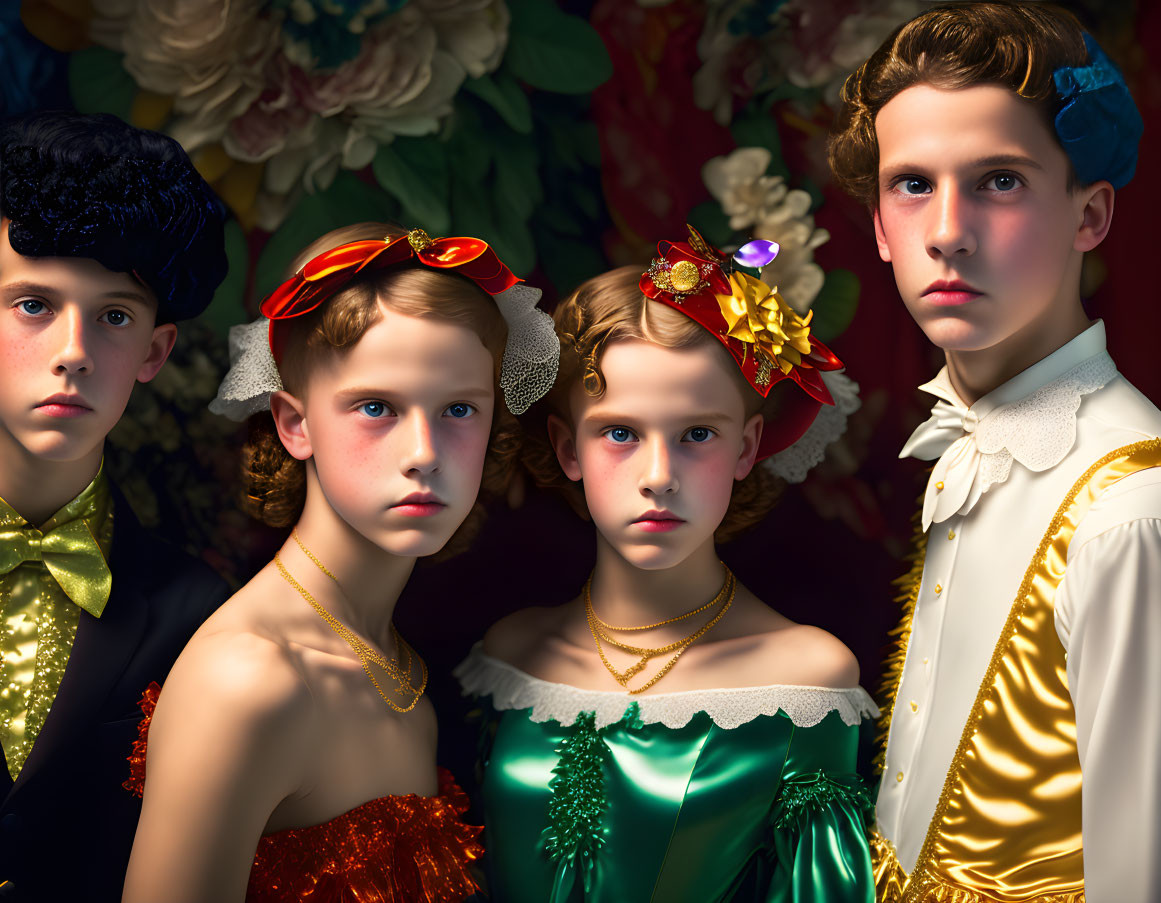 Vintage children in floral attire against backdrop.