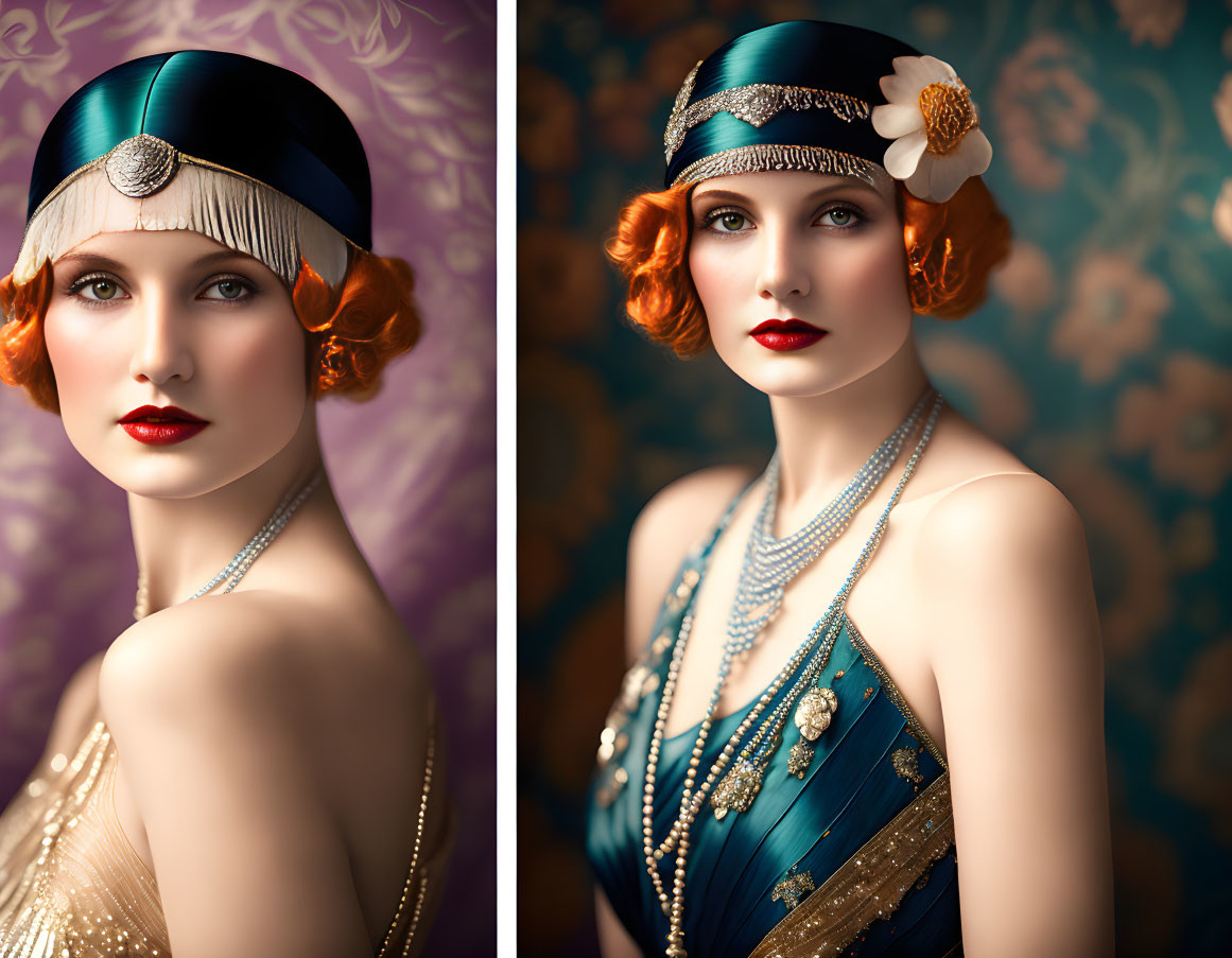 1920s Woman in Split Portraits with Red Hair & Vintage Makeup