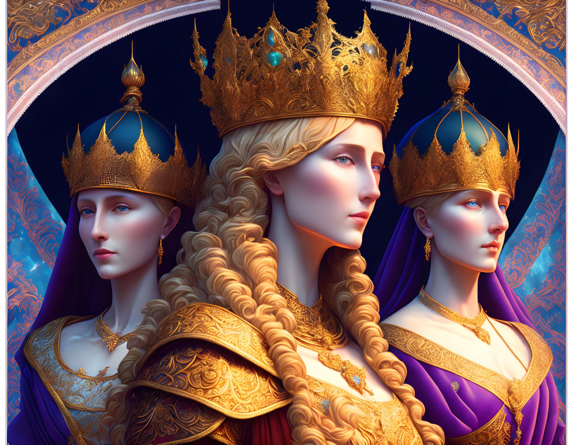 Regal women in golden crowns, royal blue and purple attire