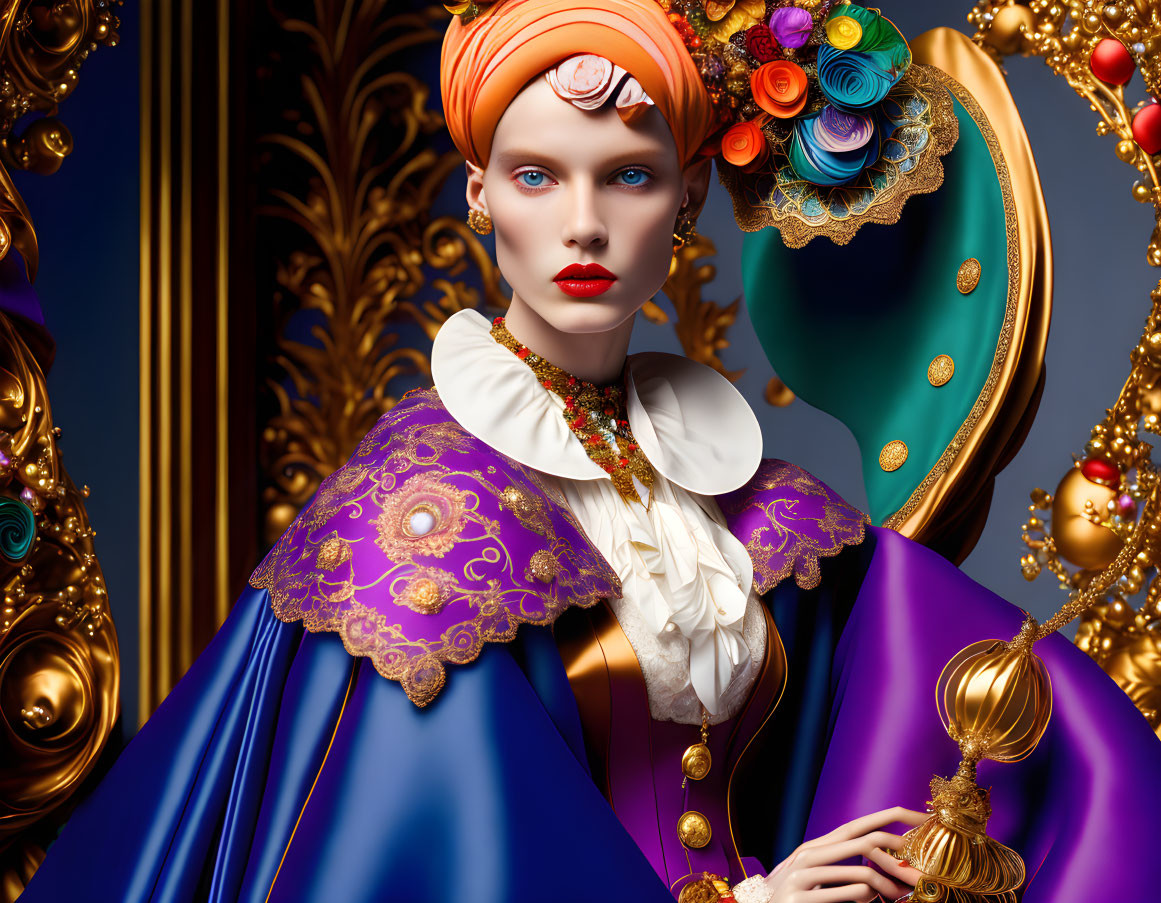 Colorful surreal portrait with ornate headdress and baroque aesthetic