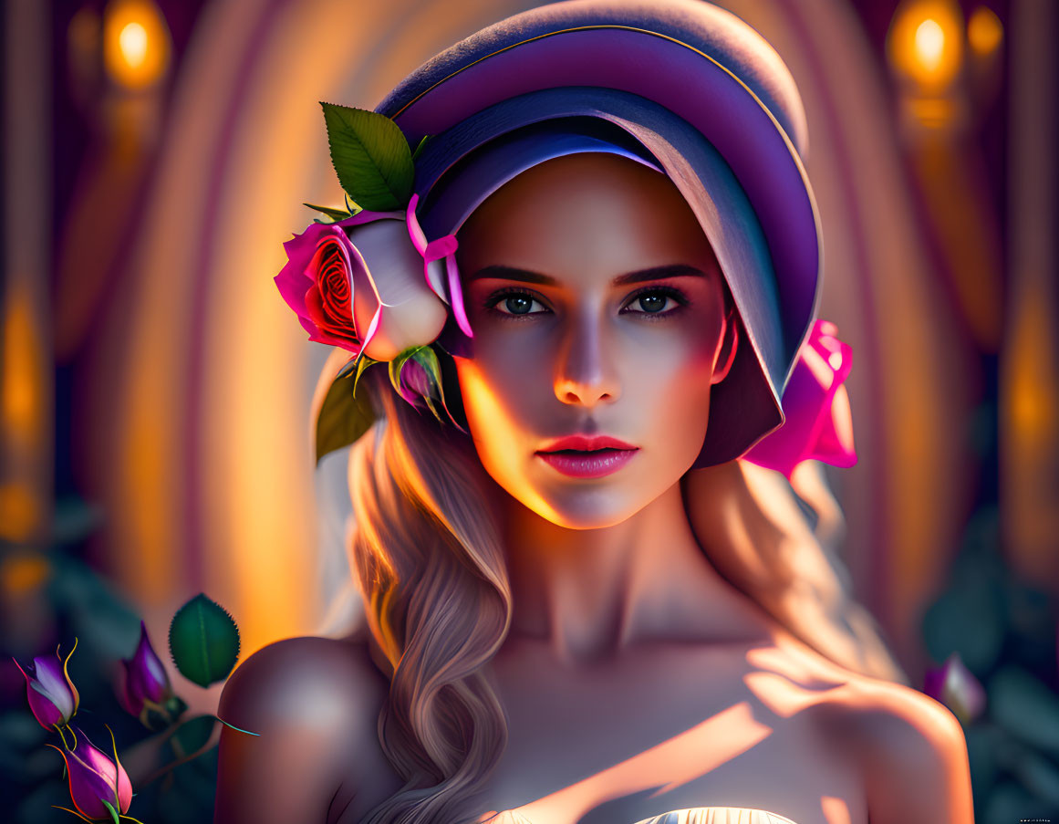 Digital artwork featuring woman with rose-adorned hat and intense gaze