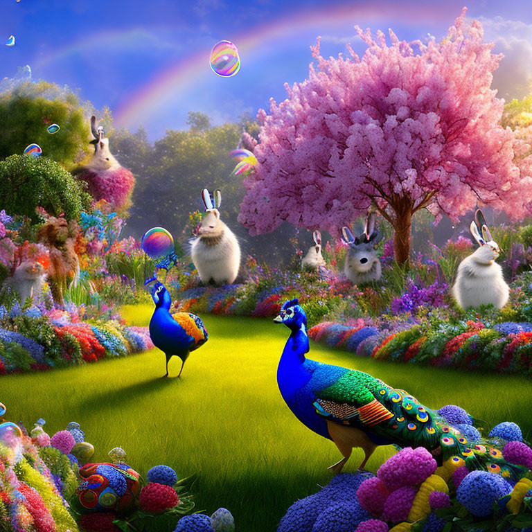 Colorful garden scene with peacocks, rabbits, cherry tree, flowers, bubbles, and rainbow