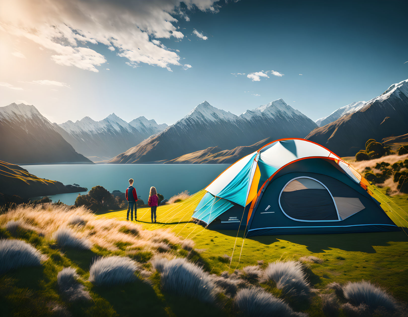 Couple near tent by serene mountain lake with snowy peaks