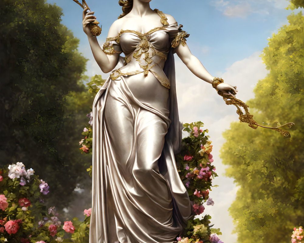 Classical woman statue with scepter and orb in nature setting