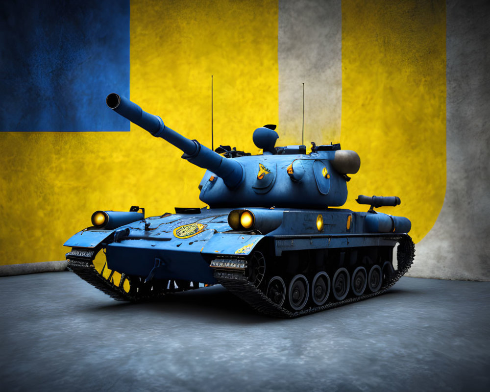 Blue and Yellow Tank with Cannons and Spotlights on Concrete Floor