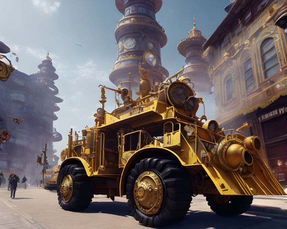 Ornate gold steampunk vehicle in urban setting