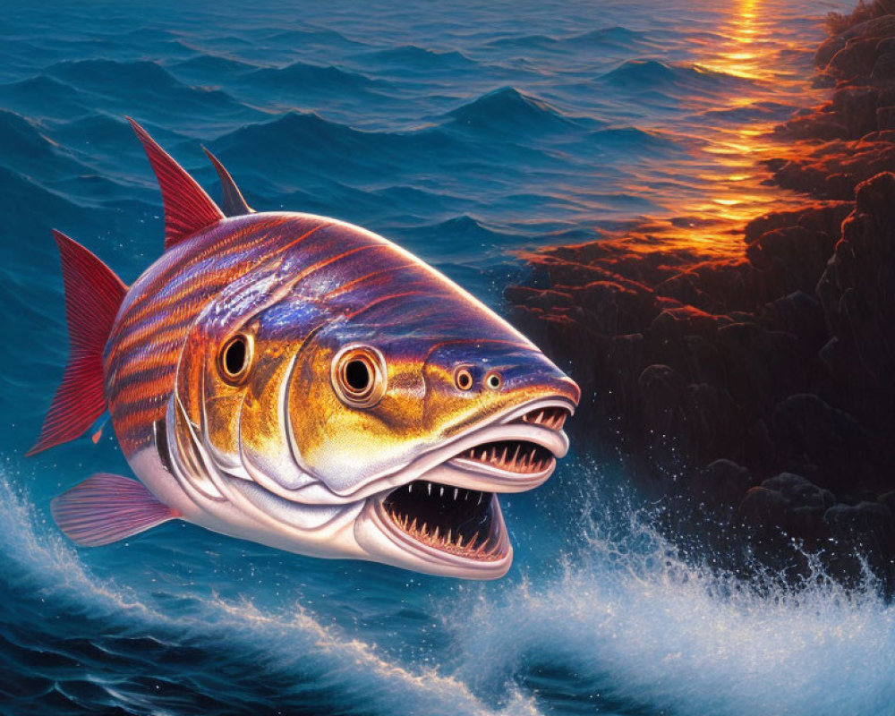 Detailed Artistry: Large Fish Leaping from Ocean Waves at Sunset