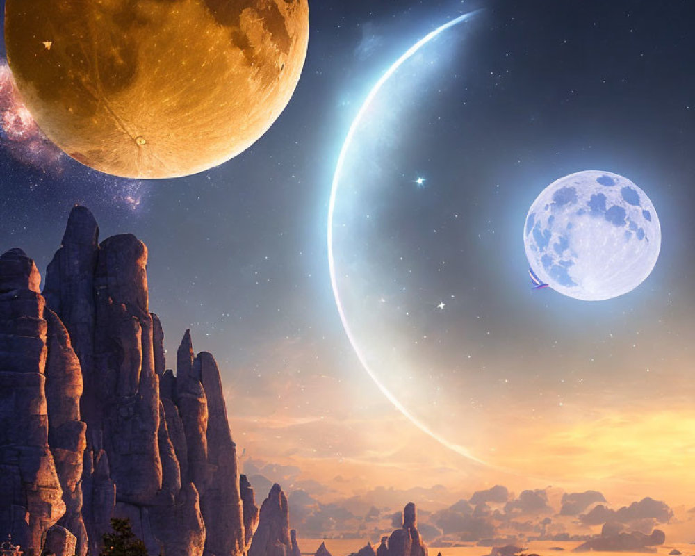 Majestic dusk landscape with towering rock formations and celestial elements.