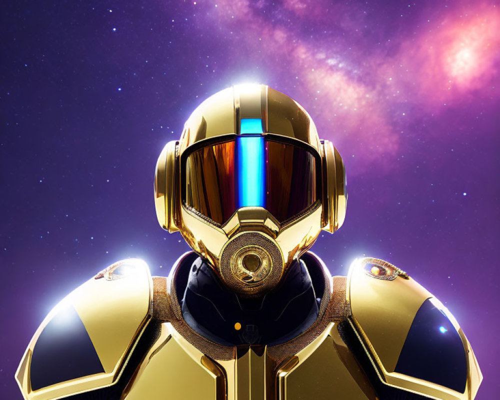 Futuristic Gold Helmet with Reflective Visor on Cosmic Background