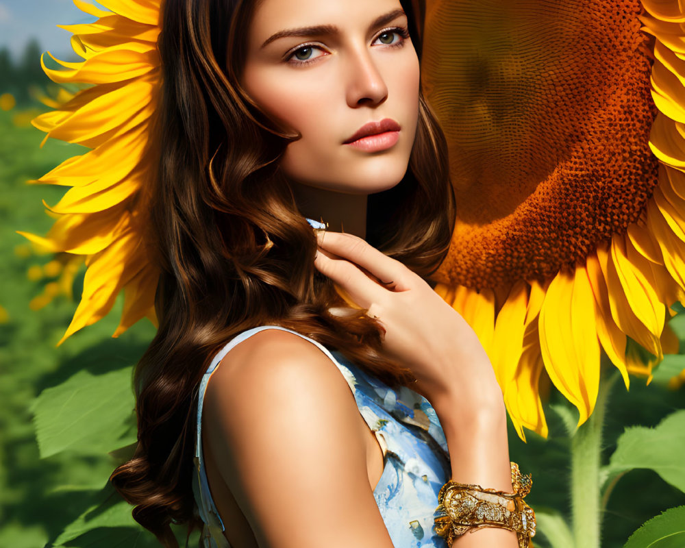 Brown-haired woman in blue floral dress next to sunflower under clear blue sky