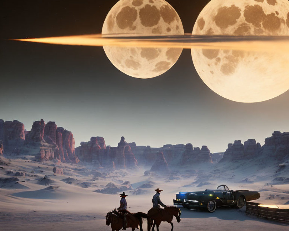 Two people riding horses in snowy landscape with vintage car, two moons, shooting star