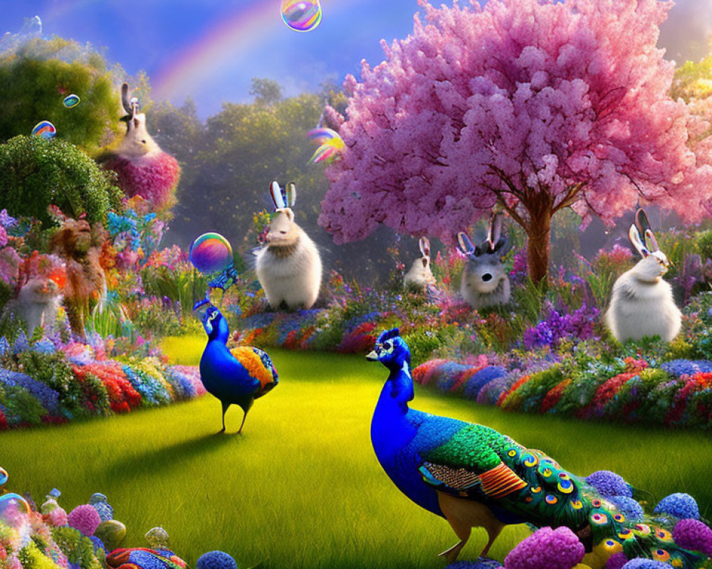 Colorful garden scene with peacocks, rabbits, cherry tree, flowers, bubbles, and rainbow