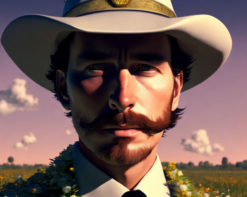 Man with Mustache in White Hat with Golden Badge in Sunset Field