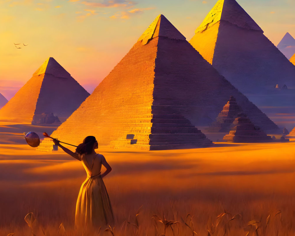 Woman admiring Great Pyramids at sunset in wheat field