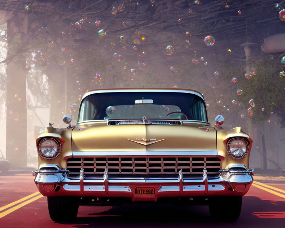 Vintage Yellow Chevrolet Car Parked with Soap Bubbles Under Bridge