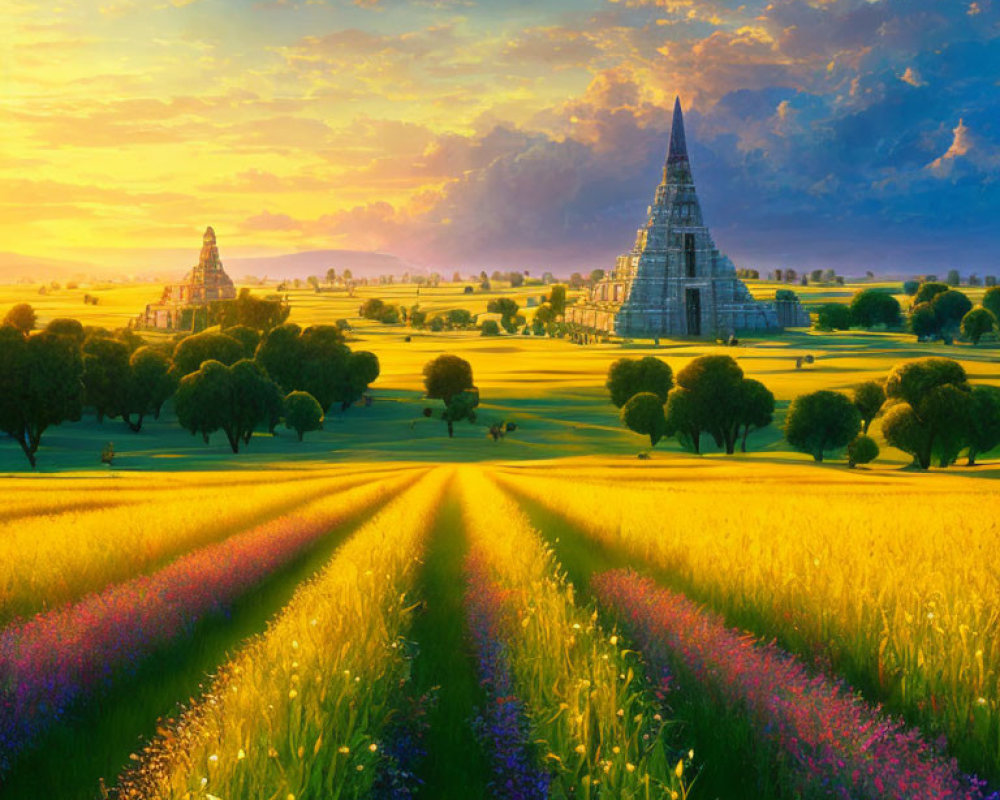 Colorful Flower Field Sunset with Ancient Temple and Dramatic Sky