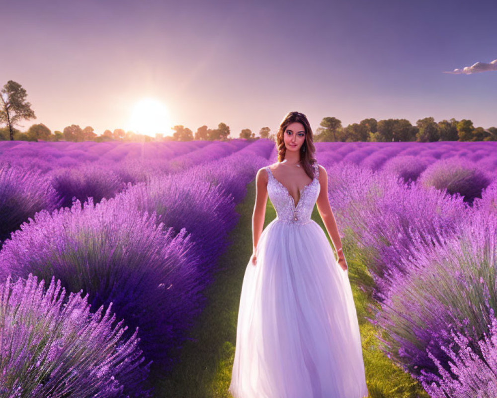 Woman in White Dress in Vibrant Lavender Field at Sunrise