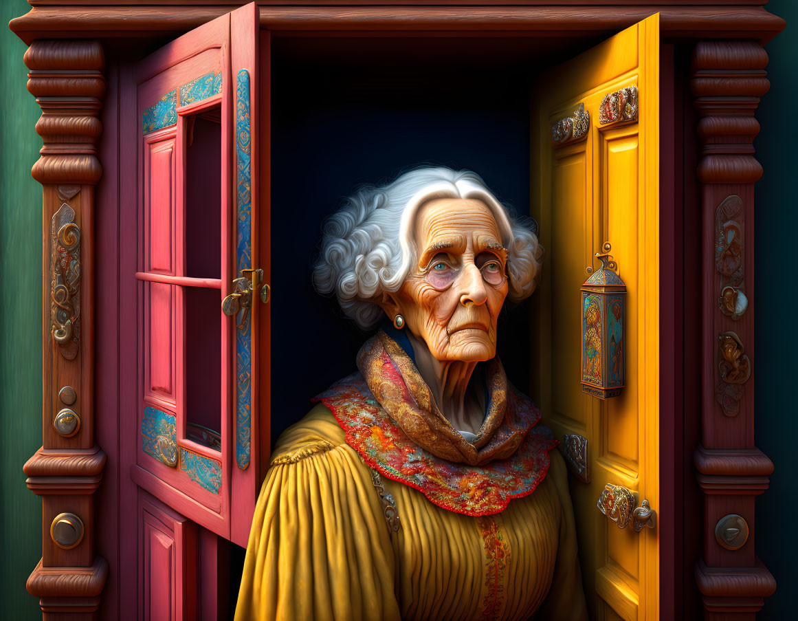 Elderly woman with gray hair emerges from ornate wardrobe