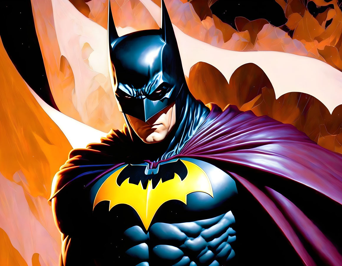 Detailed Batman illustration with bat emblem, flowing cape, fiery orange backdrop