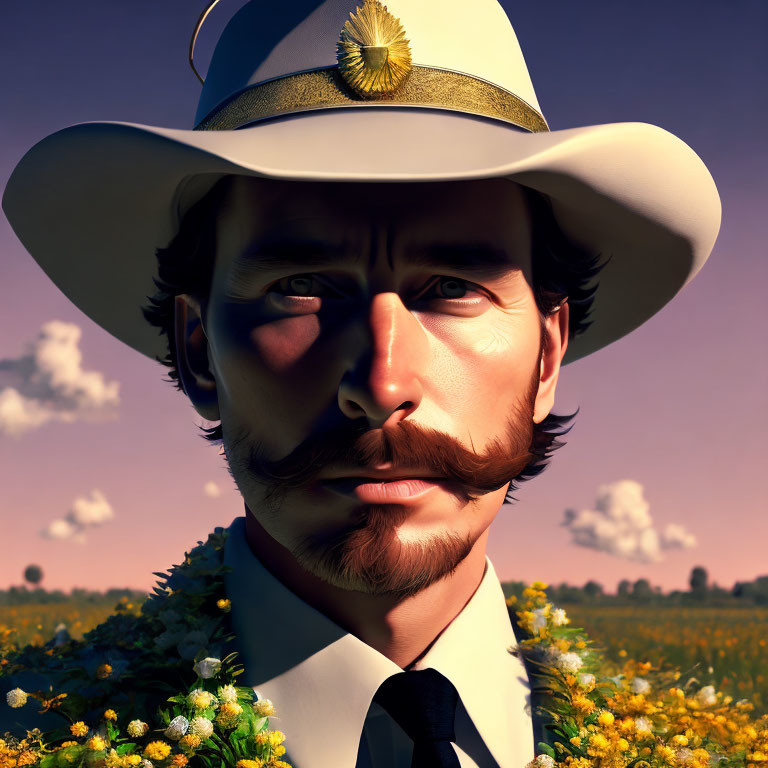 Man with Mustache in White Hat with Golden Badge in Sunset Field