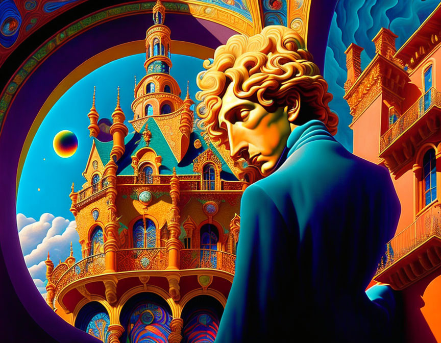 Colorful surreal architectural spiral with male silhouette and fantastical castle under blue sky