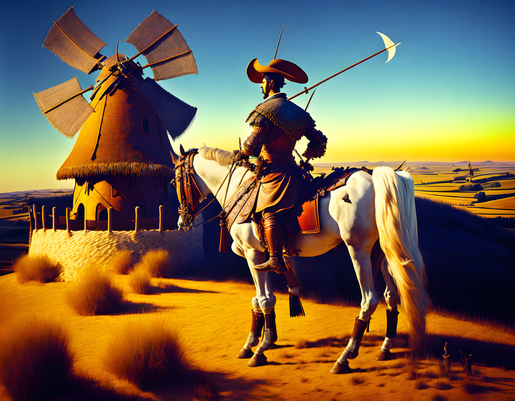 Knight on horseback with lance near windmill in desert sunset.