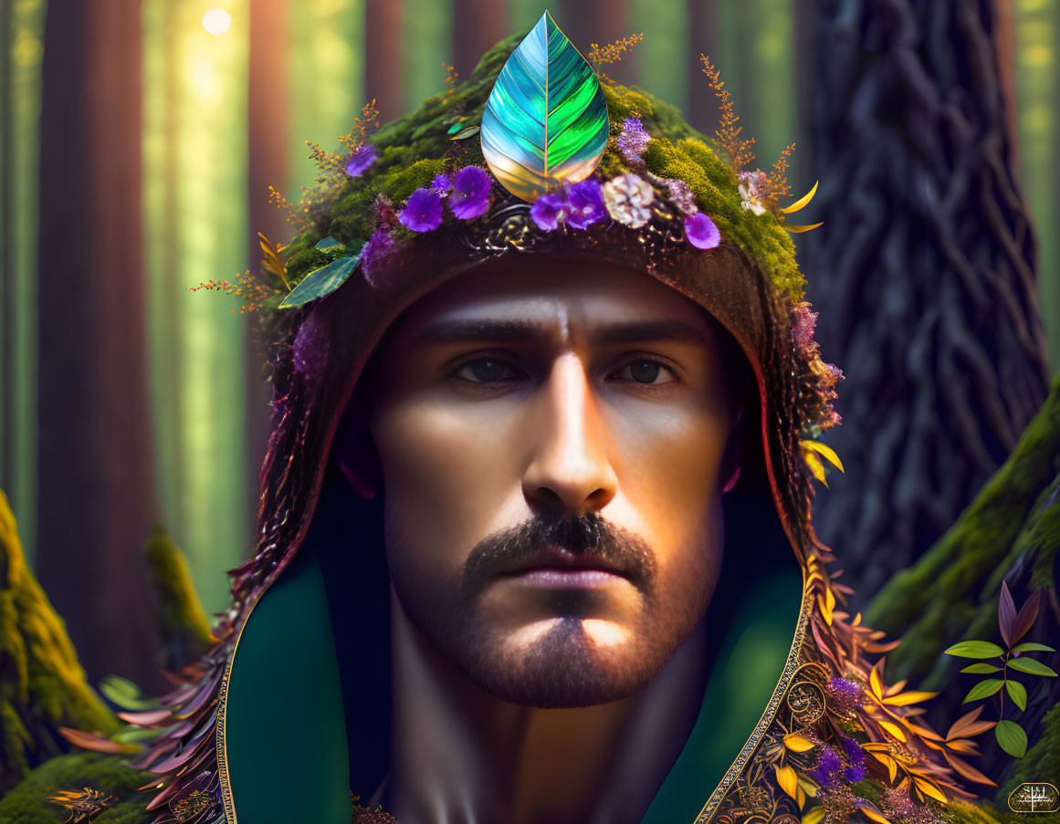 Man with Leaf Crown and Green Gem in Enchanted Forest