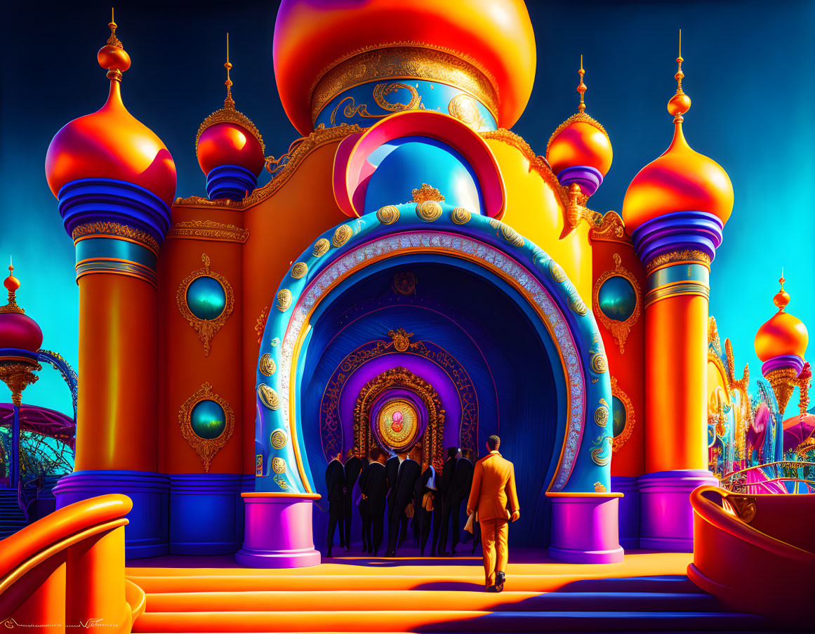 Colorful Digital Artwork: People in Suits Walking to Ornate Portal