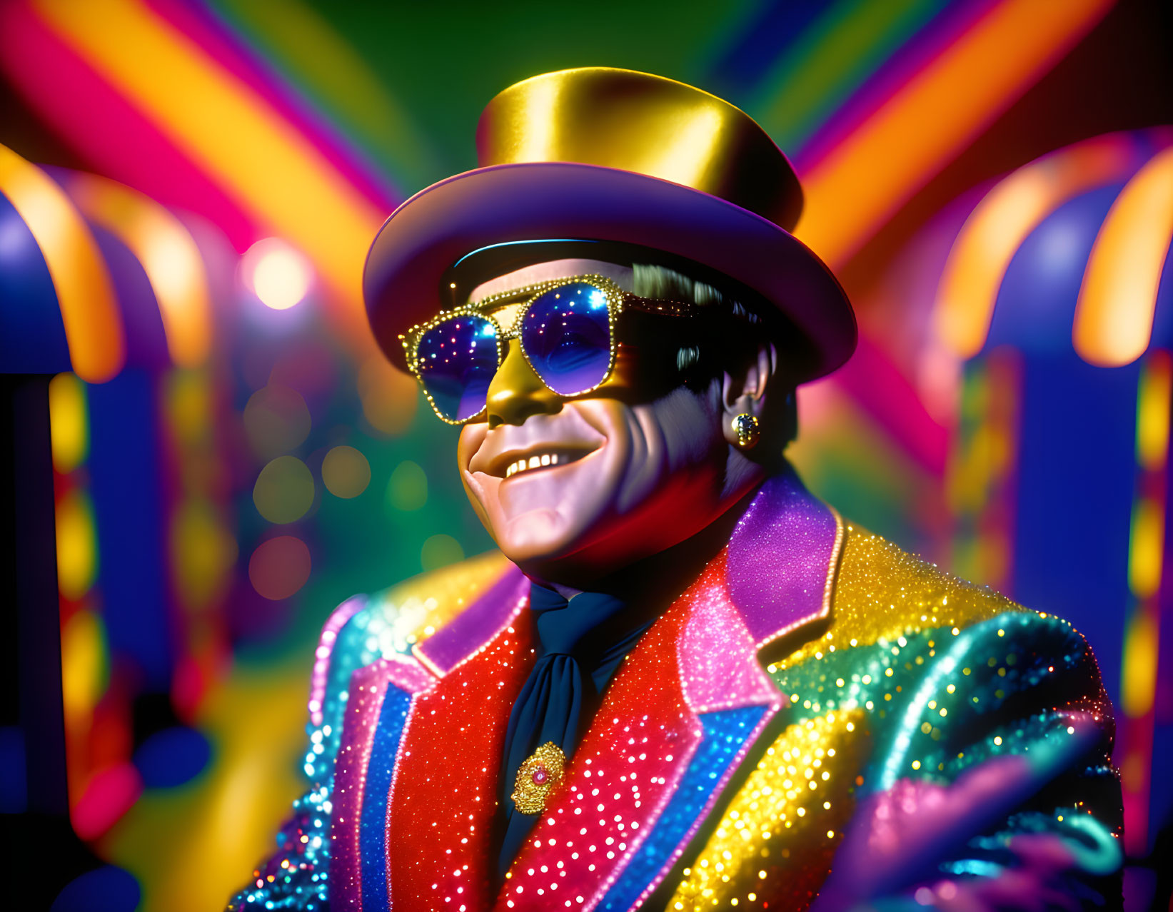 Colorful character in multicolored suit with sunglasses and neon background