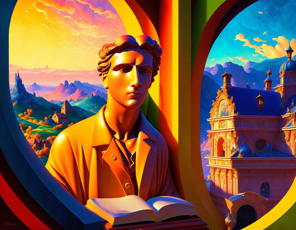 Colorful illustration of stylized figure reading in surreal landscape