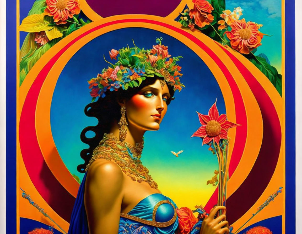 Colorful Artwork: Woman with Floral Wreath and Psychedelic Background