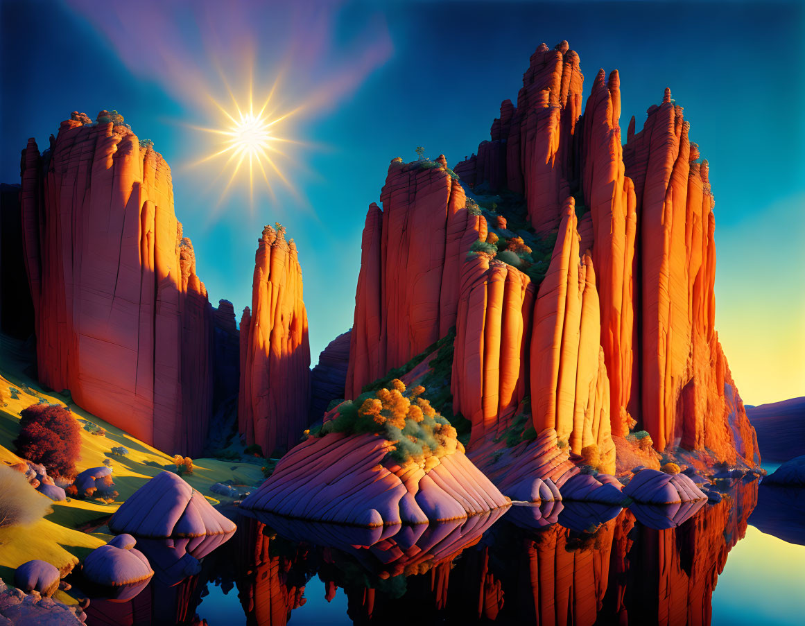 Majestic red rock formations with green foliage under bright sun reflected in water