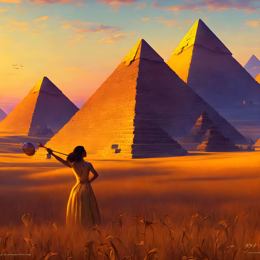 Woman admiring Great Pyramids at sunset in wheat field