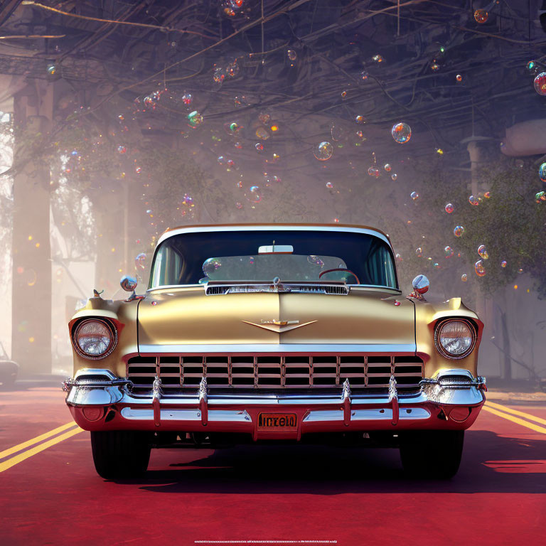 Vintage Yellow Chevrolet Car Parked with Soap Bubbles Under Bridge