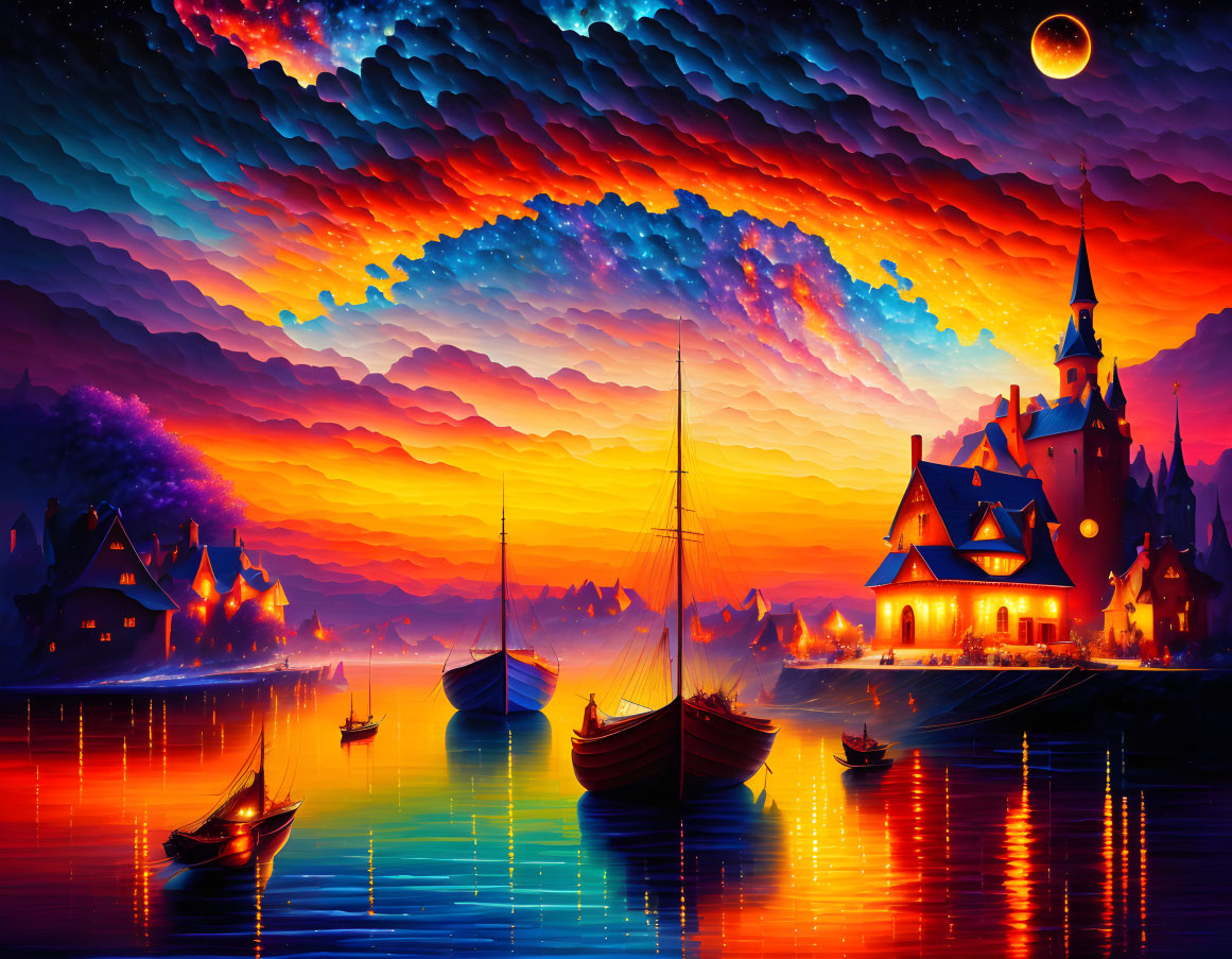 Scenic sunset view of seaside village with boats, lit houses, and castle under crescent moon