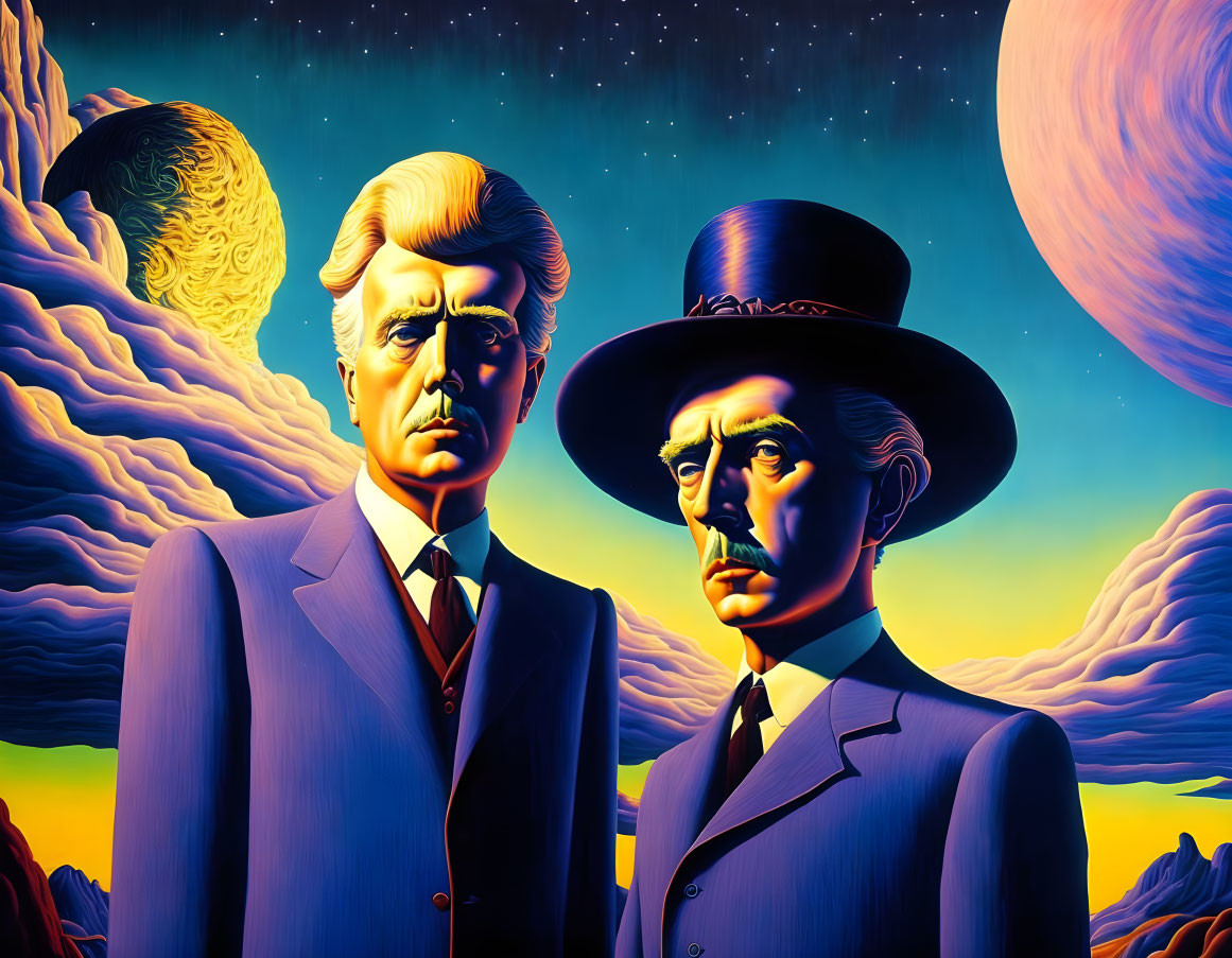 Two serious male figures in suits against surreal landscape with oversized moons