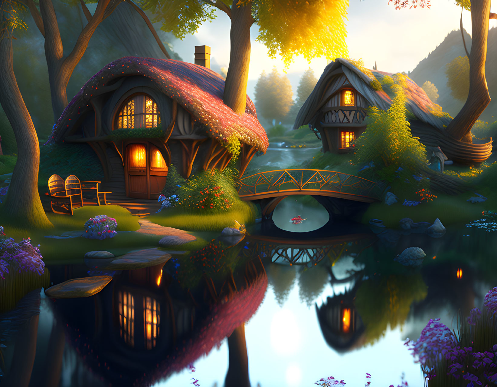 Quaint Thatched Roof Cottages in Serene Woodland Setting