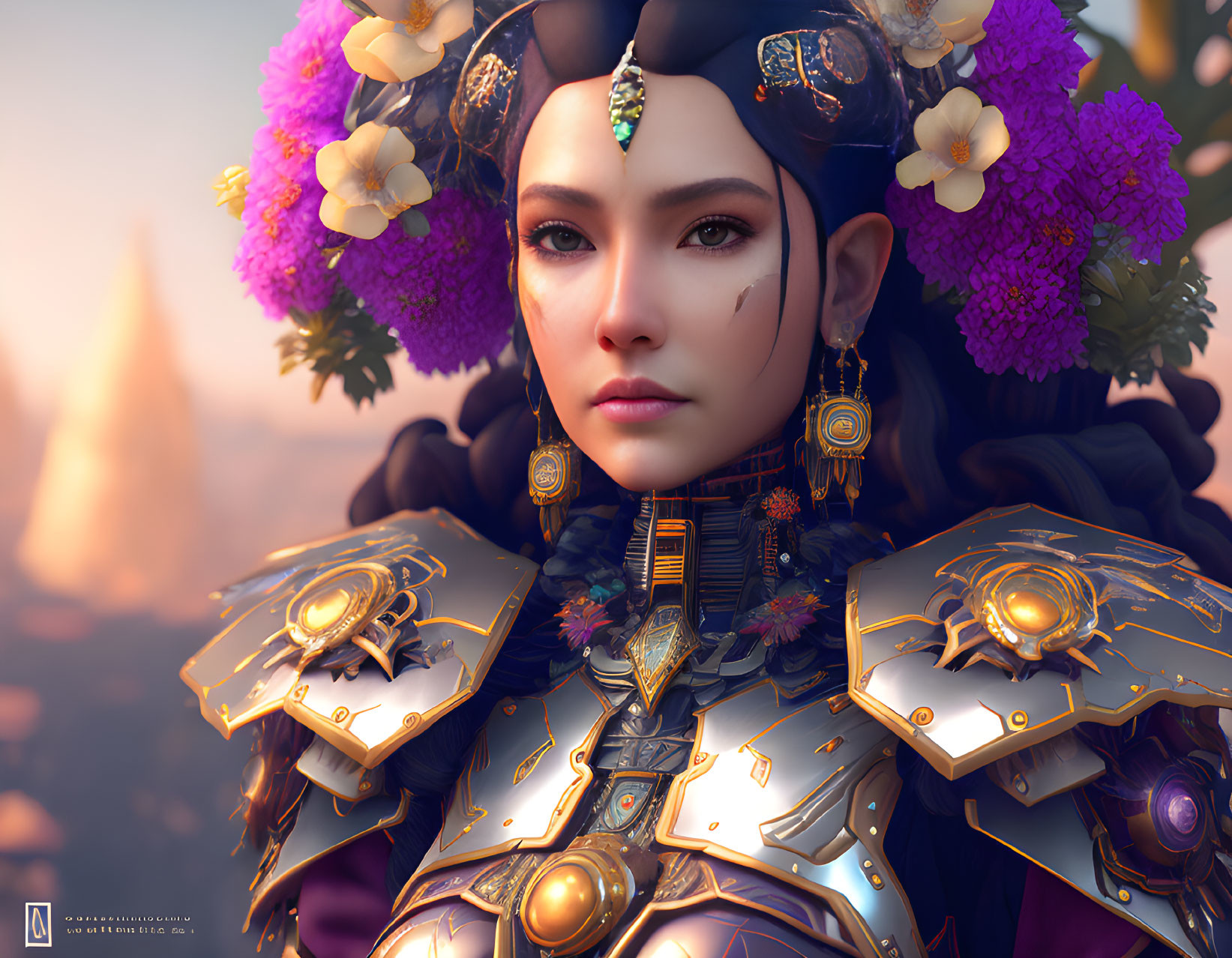 Detailed digital portrait of woman in ornate golden armor with serene expression