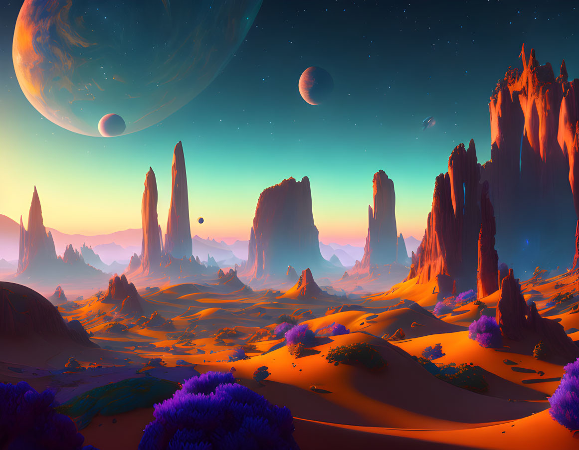 Colorful alien landscape with towering rock formations and celestial bodies in the sky