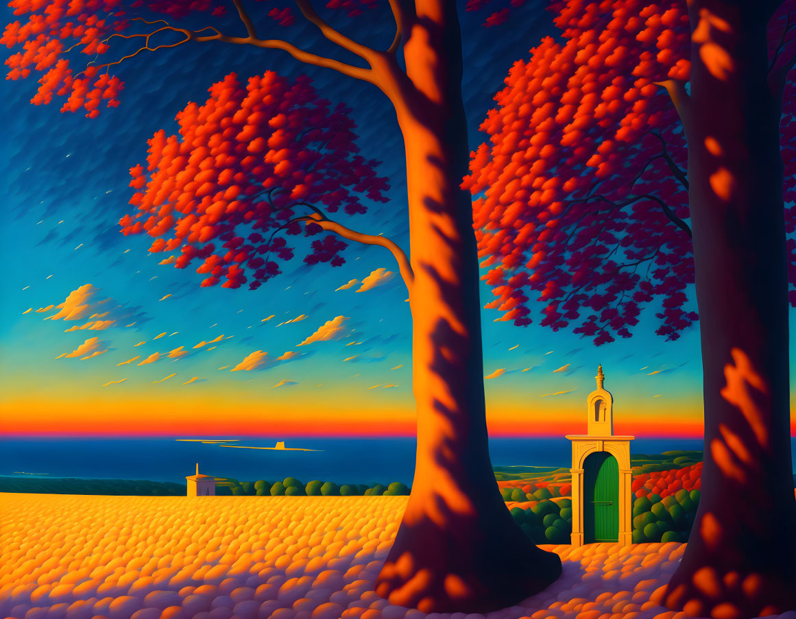 Colorful landscape with red trees, yellow fields, chapel, and lighthouse under sunset sky