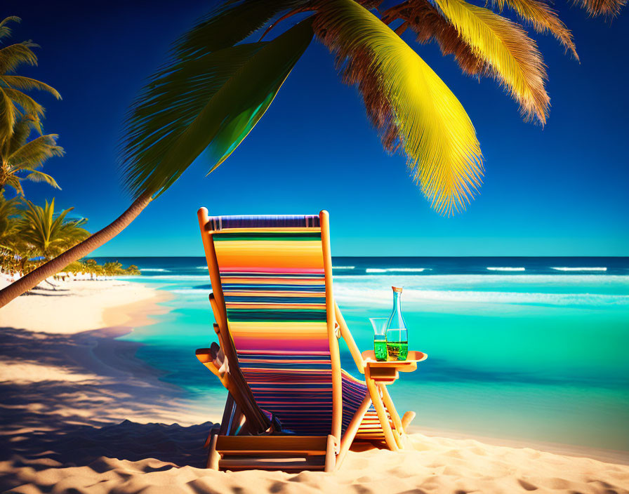 Striped beach chair under palm fronds on sandy beach with turquoise sea and cocktail.