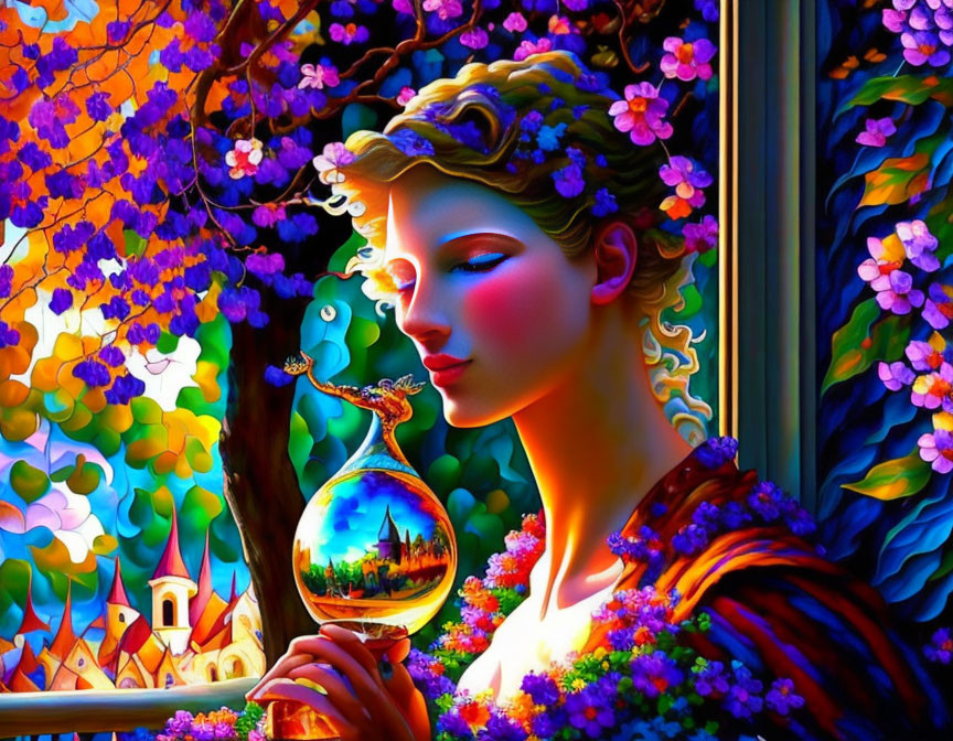 Colorful digital illustration of woman with glass orb in enchanting village scene