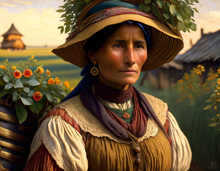 Woman in traditional attire with wide-brimmed hat in rural sunset scene