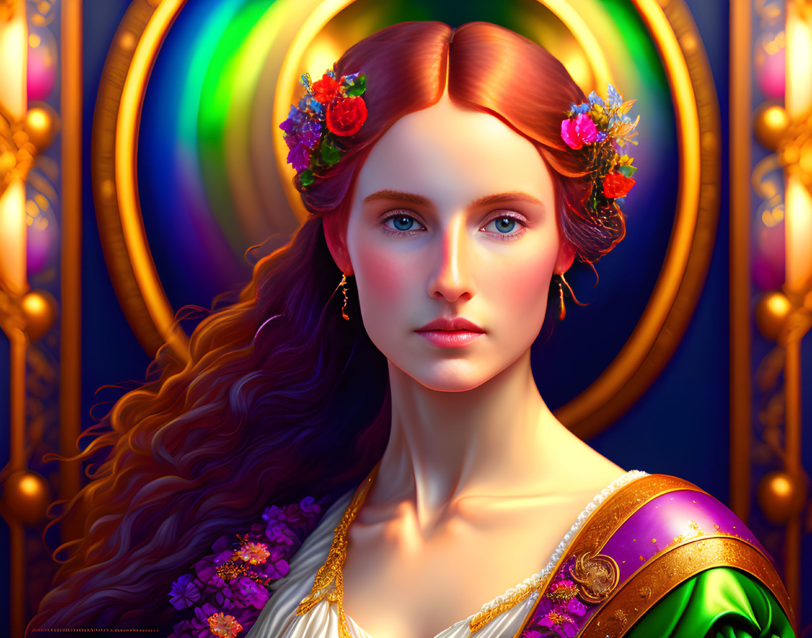 Vibrant digital art portrait of a woman with auburn hair and floral adornments