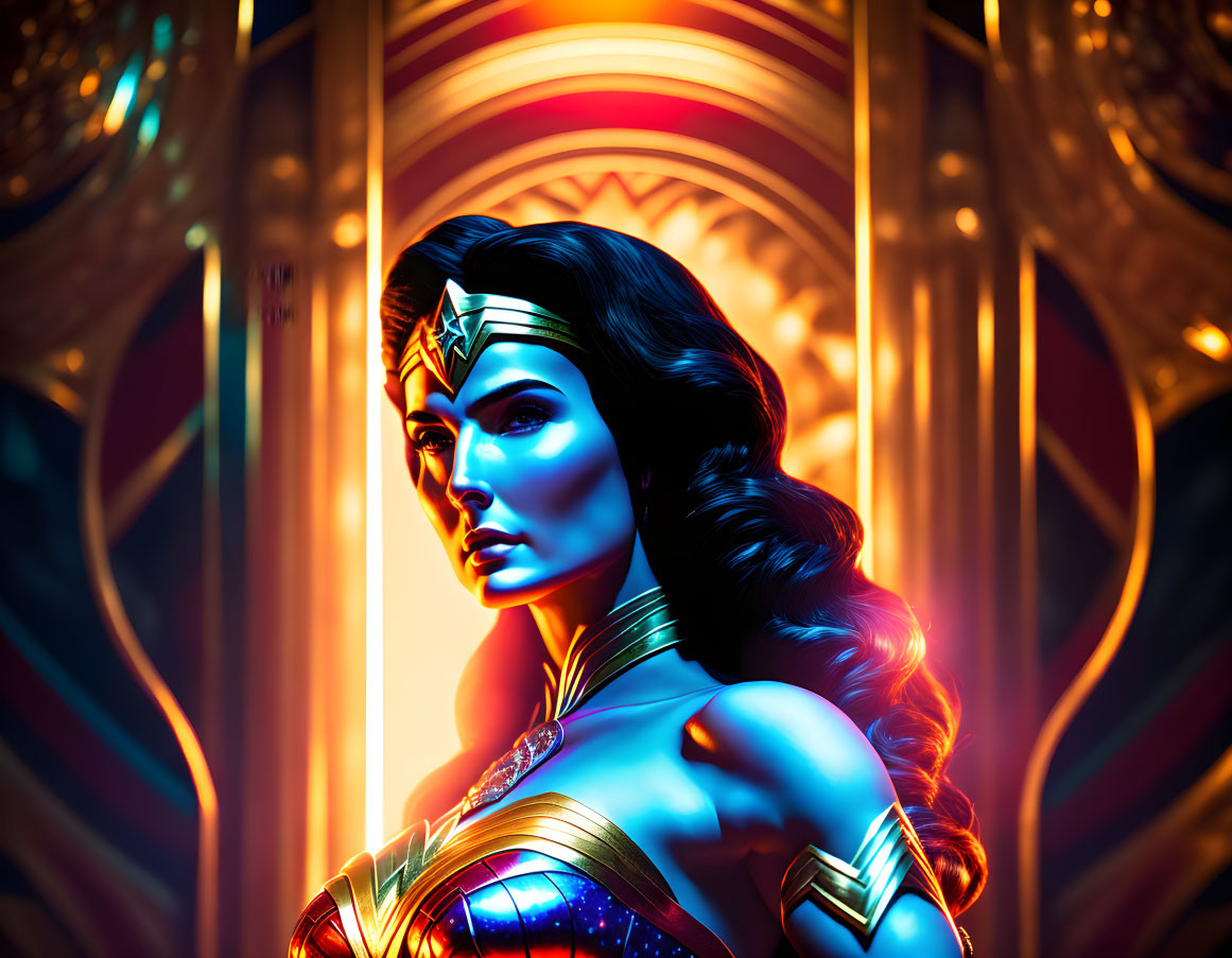 Colorful Wonder Woman artwork with glowing lasso and golden armor on Art Deco background