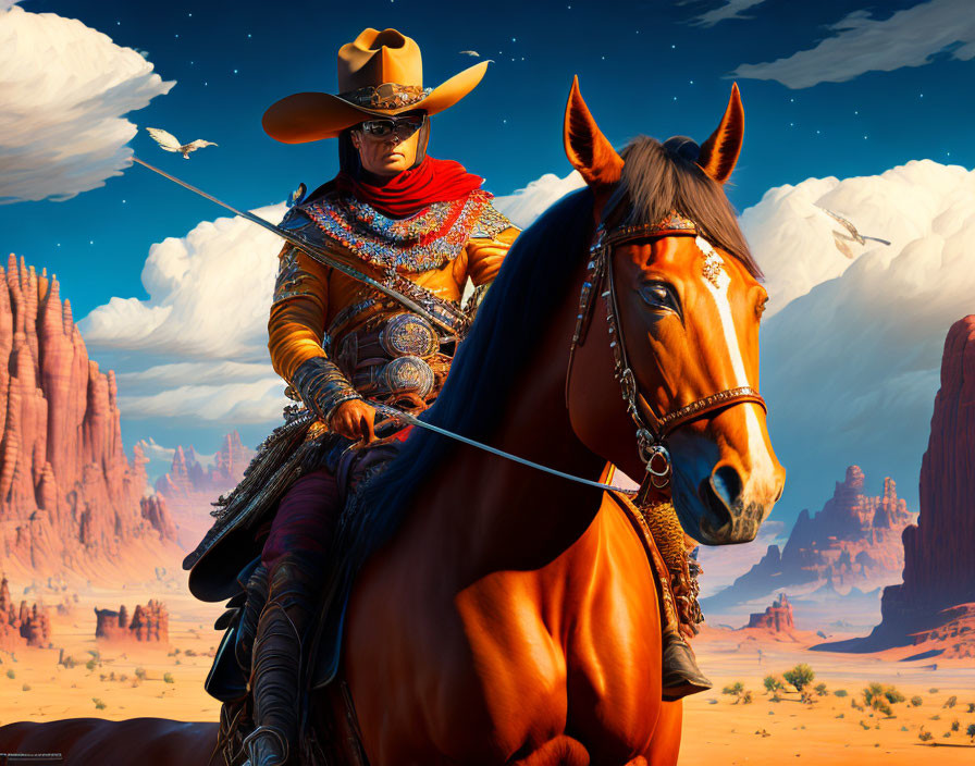 Elaborately dressed cowboy on horse in desert landscape